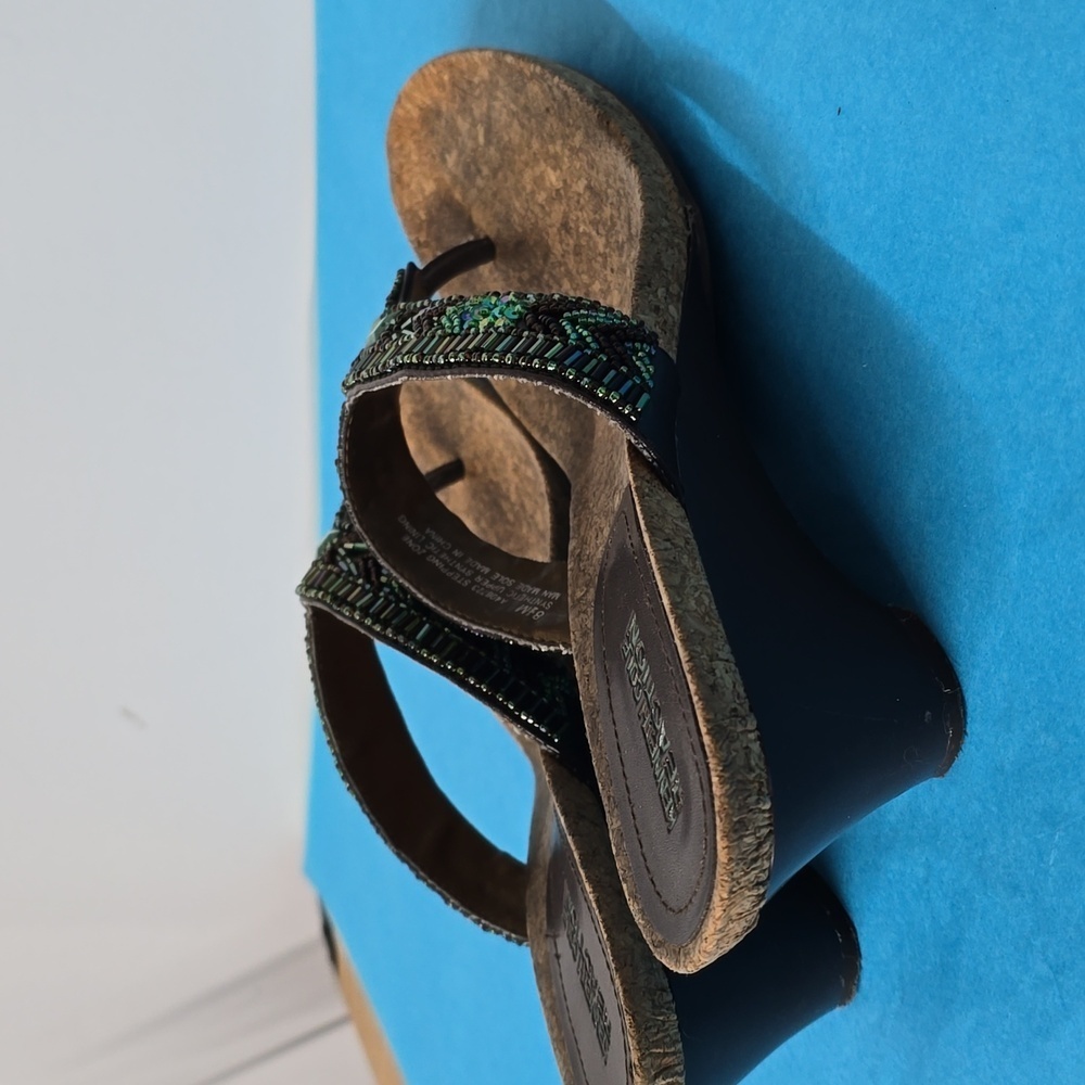Kenneth Cole Reaction Turquoise Beaded Woven Cork Wedge Thong Sandals Shoes - Picture 7 of 11